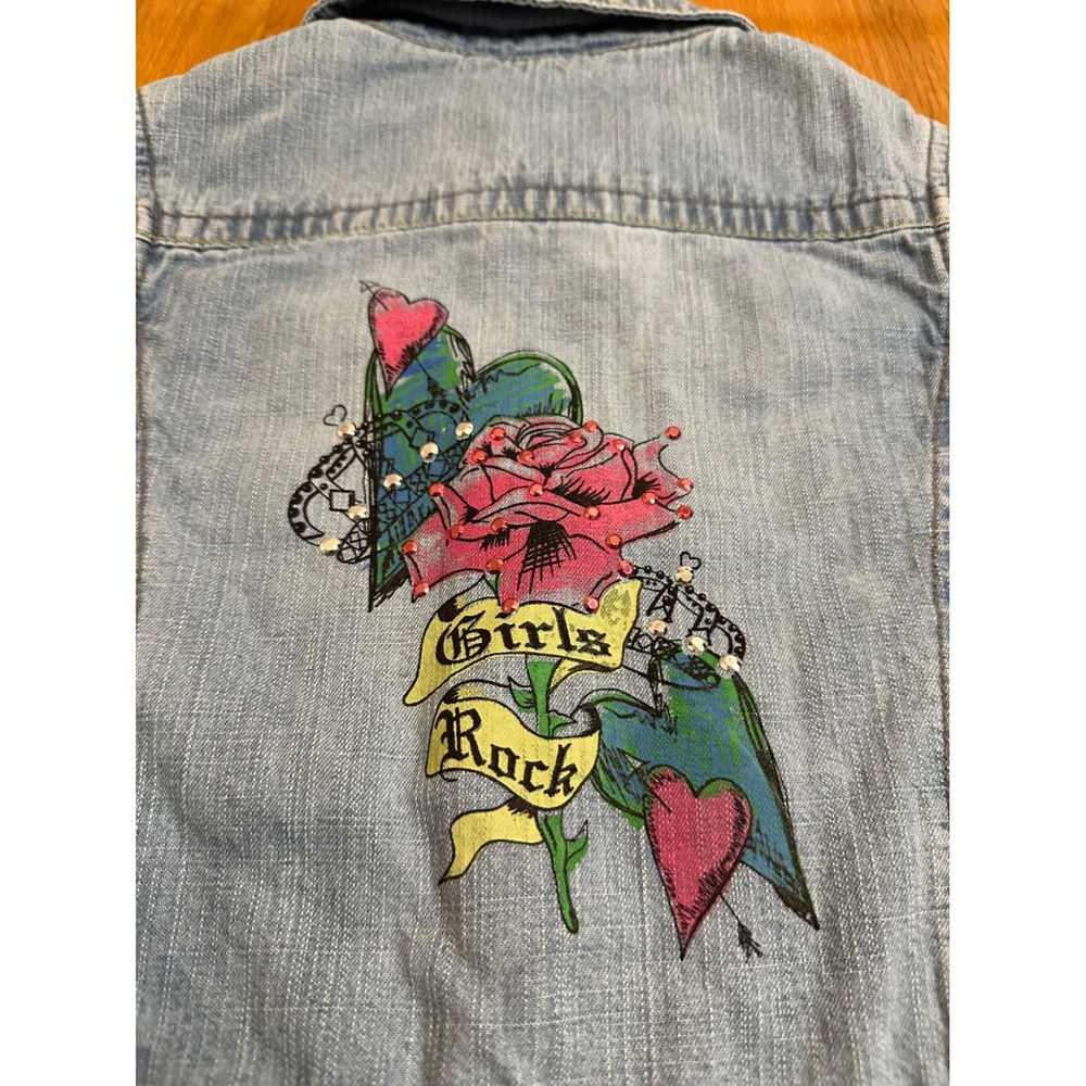 Squeeze Jeans Girls Rock Denim Jacket Light Wash Pink Gem Buttons Size M 10 - Picture 3 of 7